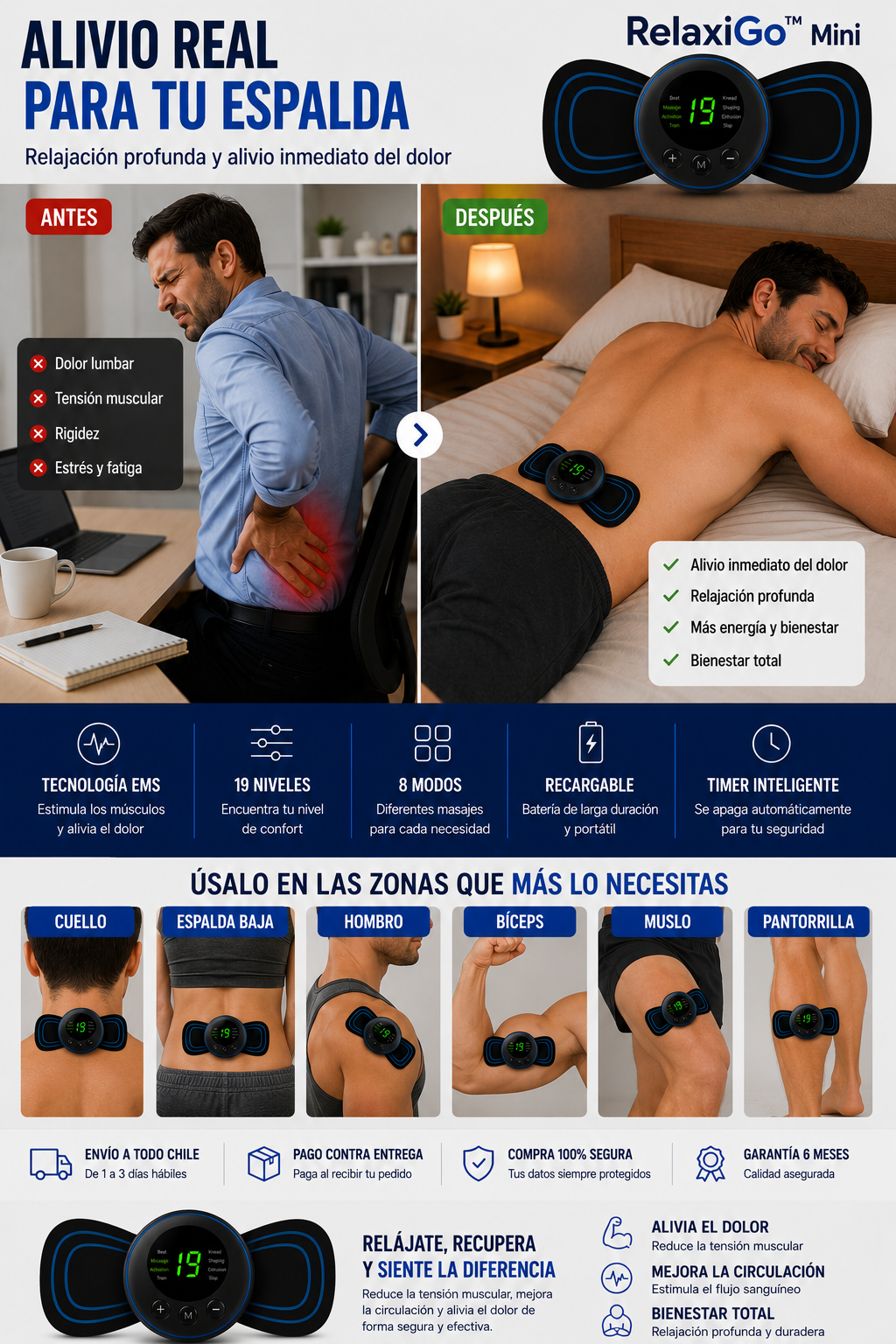 RelaxiGo™ Mini Masajeador EMS adhesivo.